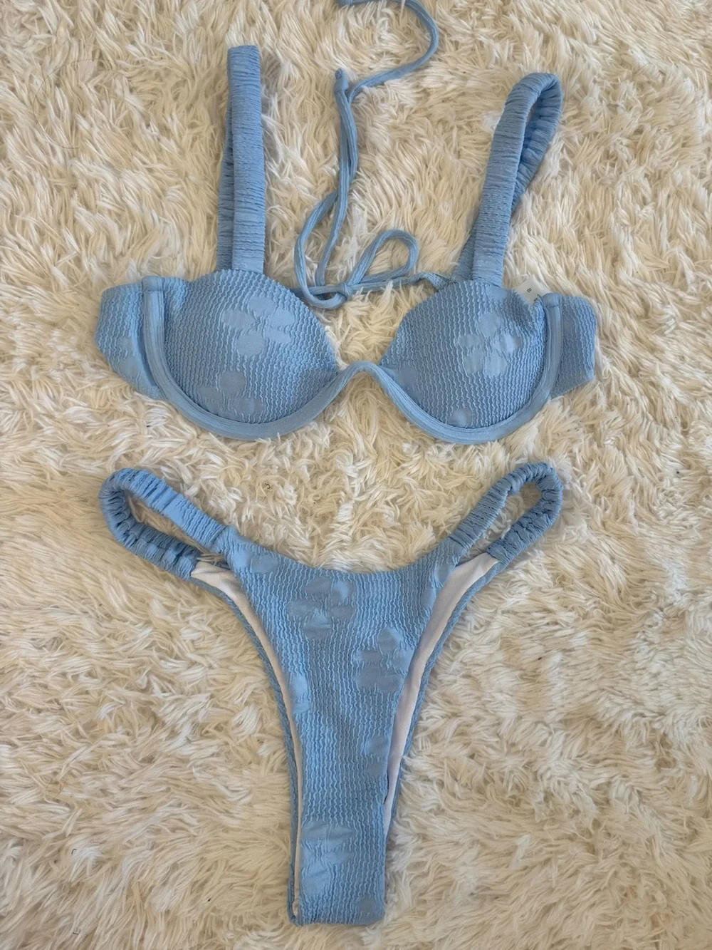 Blue Textured Floral Bikini Set